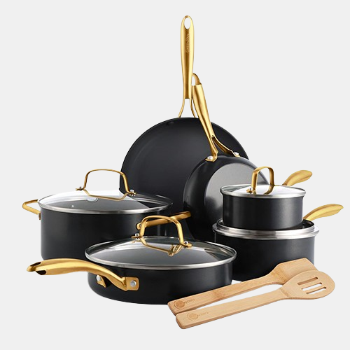 GreenPan 12 Piece Nonstick Swift Cookware Set, Ceramic PFAS-Free Pots & Pans with Lids, Dishwasher & Oven/Broiler Safe to 600F, Kitchen Cooking Set, Sauce, Saute, Stock, Frying Pans, Black/Gold