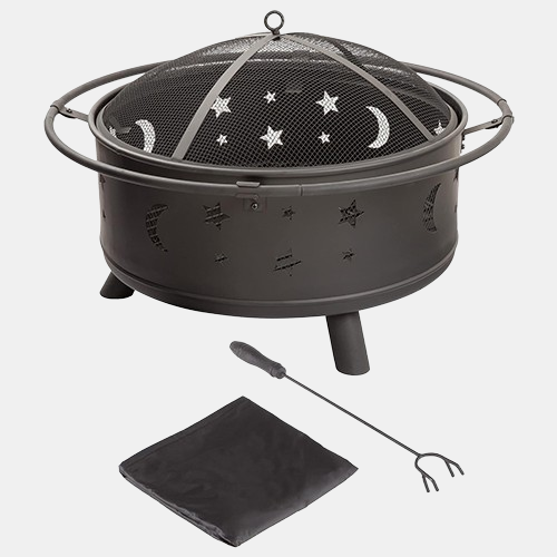 Fire Pit - 32-Inch Outdoor Wood Burning Firepit with Screen, Poker, and Cover - Outdoor Fire Pits for Backyard, Deck, or Patio by Pure Garden (Black)