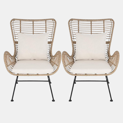 Idzo Isabelle Upgraded 2000 Hours UV Wicker Chairs Outdoor Set of 2, 500 lbs Capacity Outdoor Patio Chair, All-Weather Club Chair with Water-Resistant Olefin Cushions, Boho Style, Beige