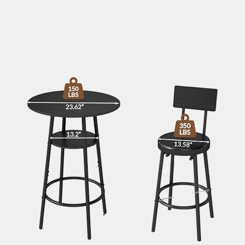3 Pieces Round Bar Table Set, Small Dining Table for 2, Black Kitchen Bar Table, Breakfast Table with Storage, 2 Thickened Cushion Stools with Backrest for Dining Room & Bistro-Black