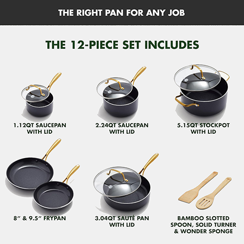 GreenPan 12 Piece Nonstick Swift Cookware Set, Ceramic PFAS-Free Pots & Pans with Lids, Dishwasher & Oven/Broiler Safe to 600F, Kitchen Cooking Set, Sauce, Saute, Stock, Frying Pans, Black/Gold