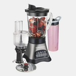 Hamilton Beach Blender and Food Processor Combo for Shakes & Smoothies, With 3 Cup Electric Food Chopper Attachment, 40 oz Glass Jar, Blender Travel Cup, 700 Watts Peak Power, Gray & Black (58163)