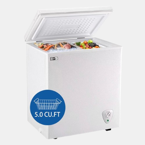 5.0 Cubic Feet Deep Chest Freezer Compact Freezers with Adjustable Thermostat Top Open Door with Removable Storage Basket for Home Kitchen and Bar